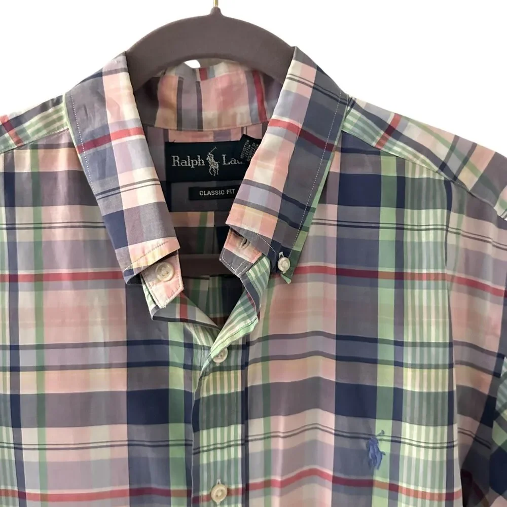 Ralph Lauren Classic Fit Pastel Pink,‎ Blue, Green Plaid Button Up Shirt Size L